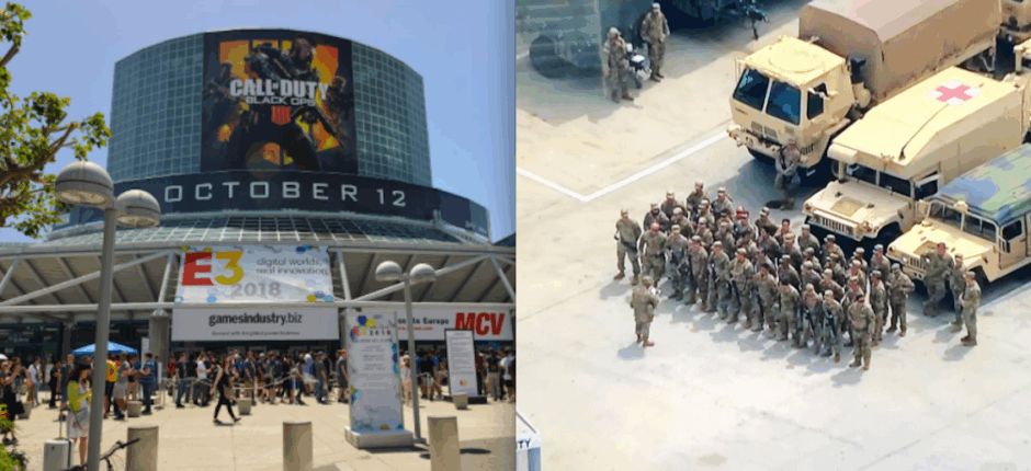 Nu was de E3-beurs normaal, foto’s tonen hoe deze is veranderd naar militaire basis om relschoppers aan te pakken