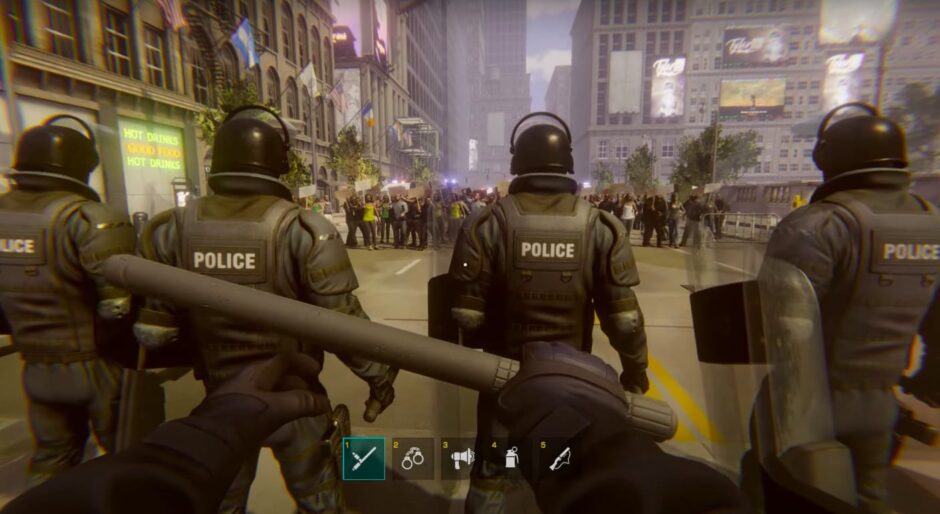 In de game ‘Riot Control Simulator’ moet je als agent relschoppers stevig aanpakken